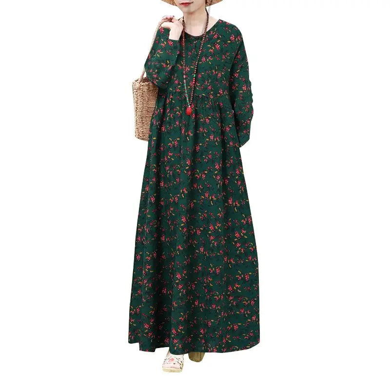 Boho Floral Print Maxi Dress With Long Sleeves Casual