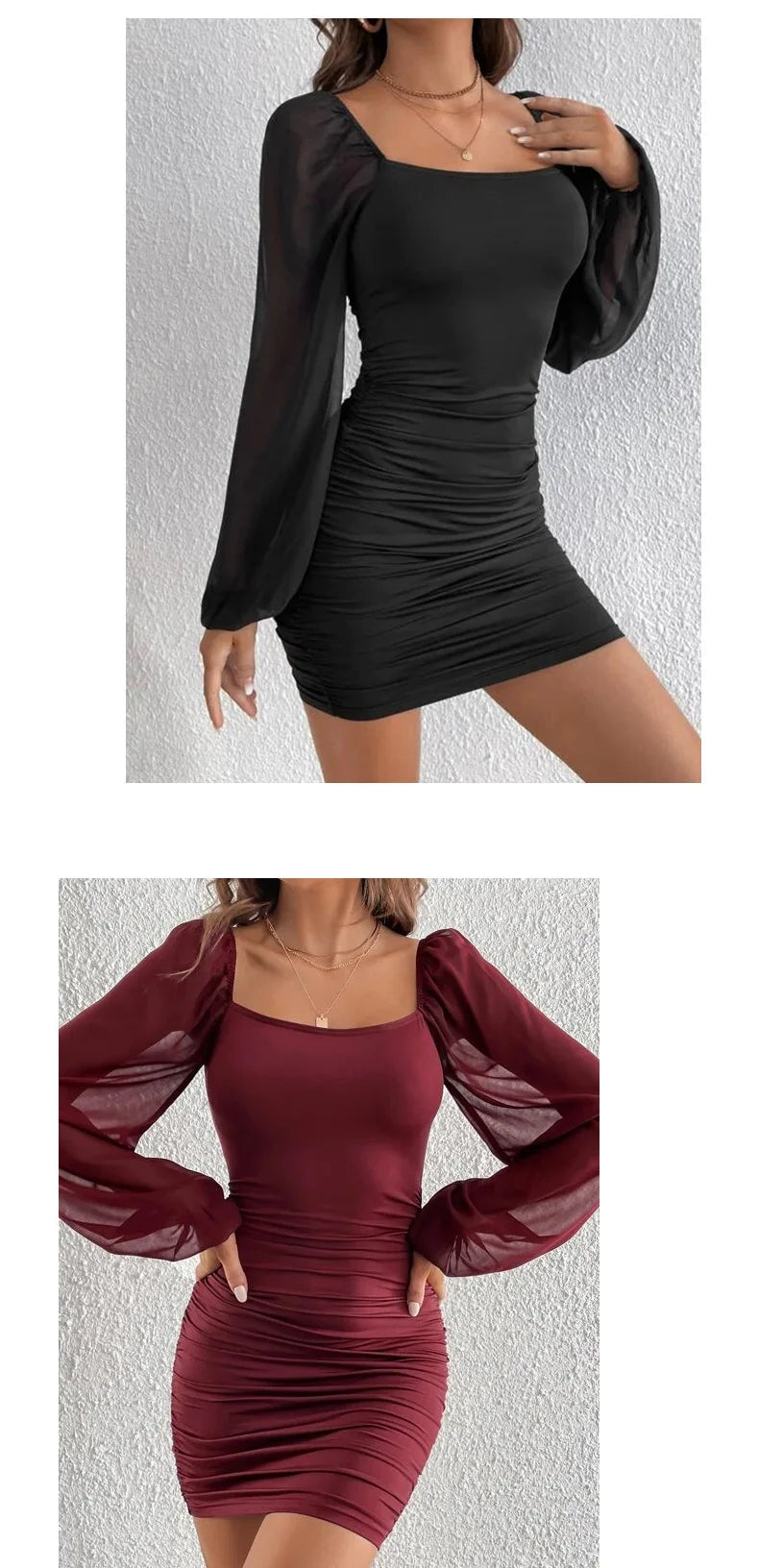 Square Collar Mesh Dress With Pleated Slim Fit Long Sleeve