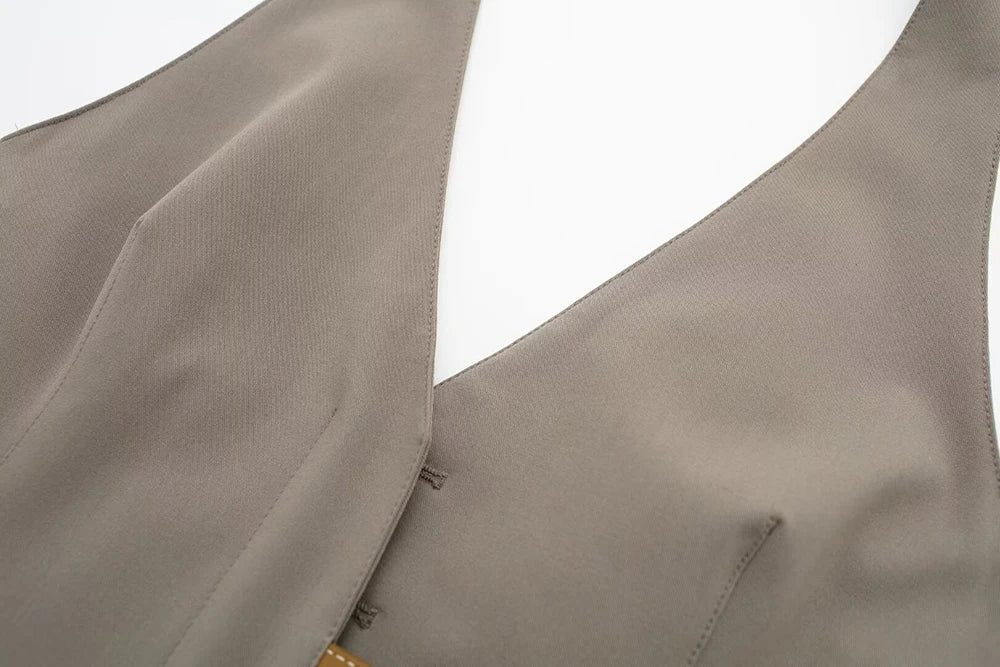 Women's Two-Piece Suit Set with Belt Halter V-Neck Top and High-Waisted Pleated Pants