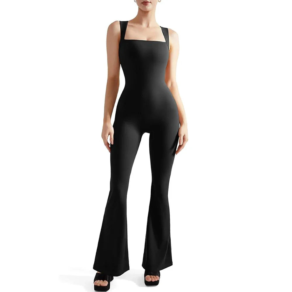 Women's Sleeveless Square Neck Bodysuit with Flared Pants Casual Fitness Jumpsuit Full Season Streetwear Playsuit