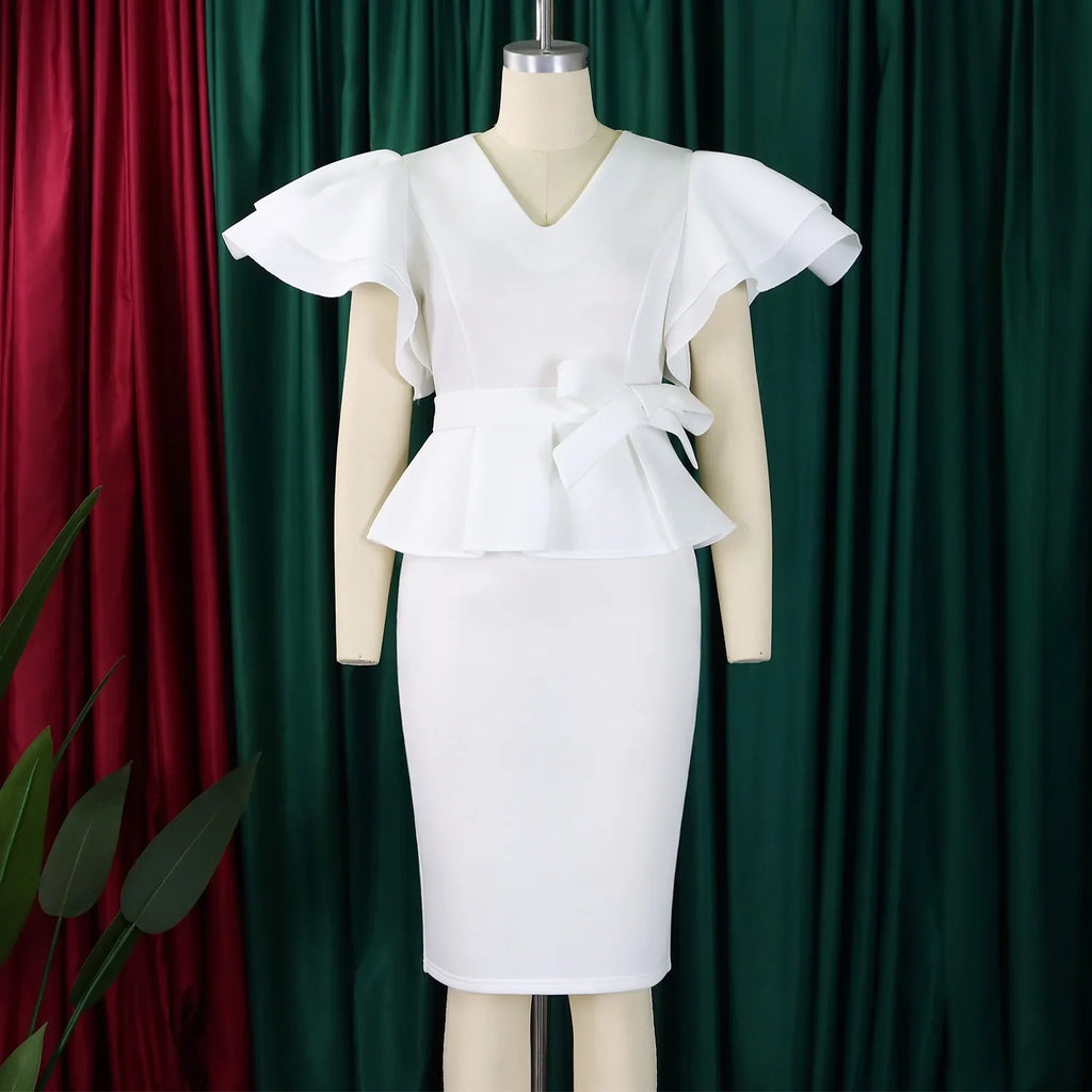 V Neck Bodycon Midi Dress With Ruffle Sleeves For Women