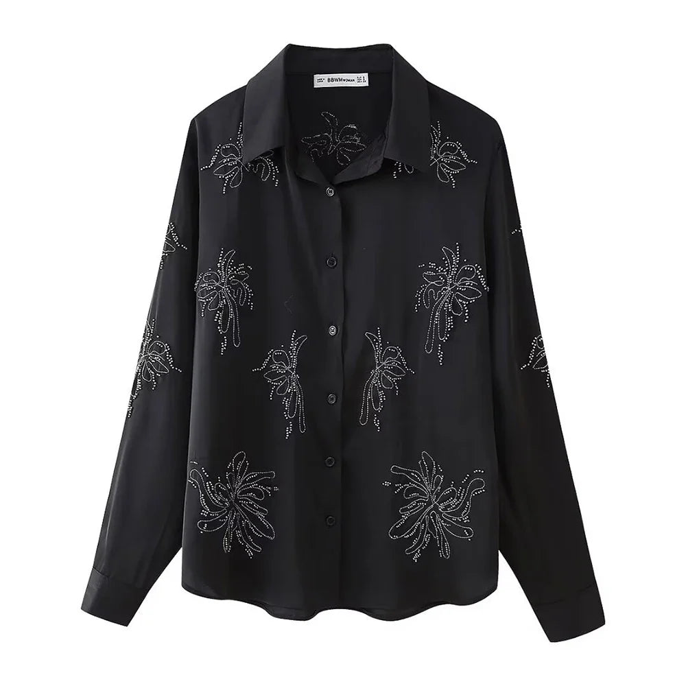 Women's Beaded Embroidery Long Sleeve Shirt and Loose Trousers Set with Lace Up Details