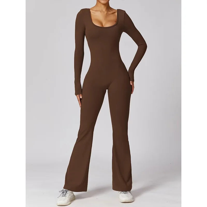Long Sleeved U-Neck Tight Fit Backless Jumpsuit for Autumn and Winter Yoga Sports and Leisure
