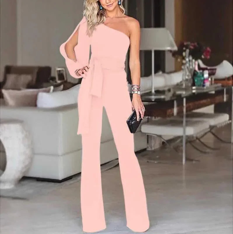 Women's High Waist Tie-Up Slim Fit Solid Color Jumpsuit with Slant Shoulder Elegant Design for Banquet and Evening Wear