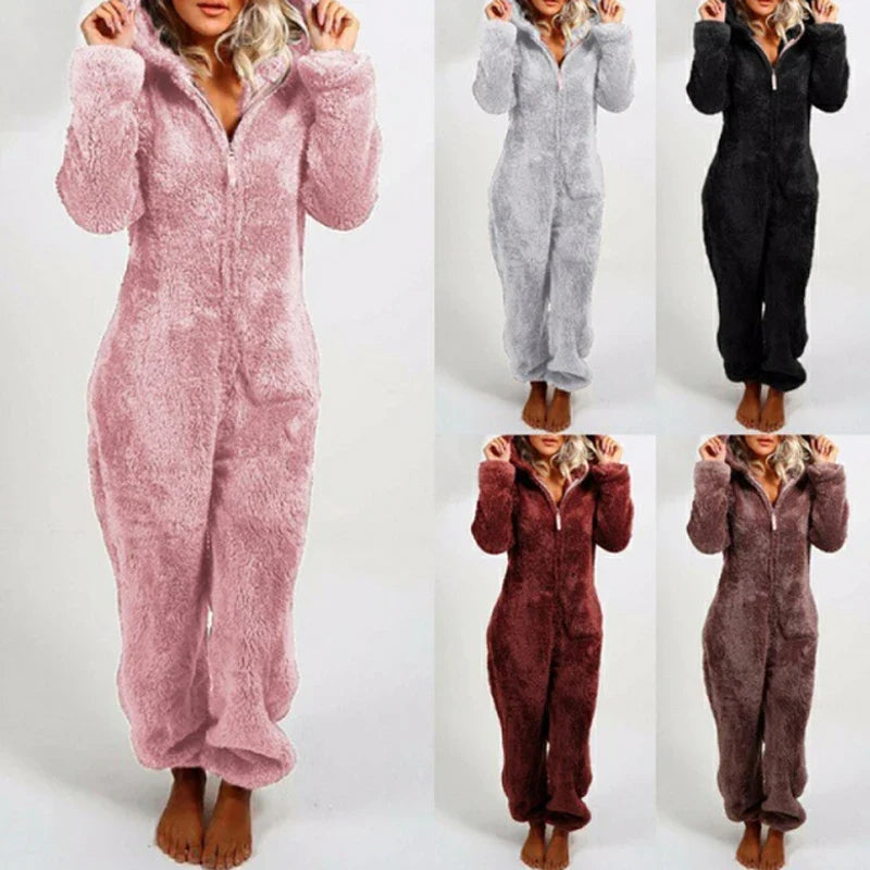 Women's One-Piece Hooded Jumpsuit Thickened Full-Length Overalls Cozy Autumn Winter Wear