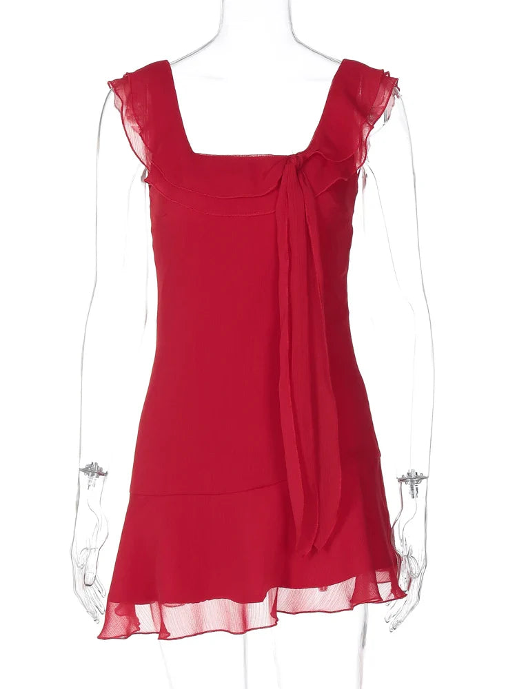 Sexy Tassels Patchwork Chiffon Mini Dress Sleeveless Zipper