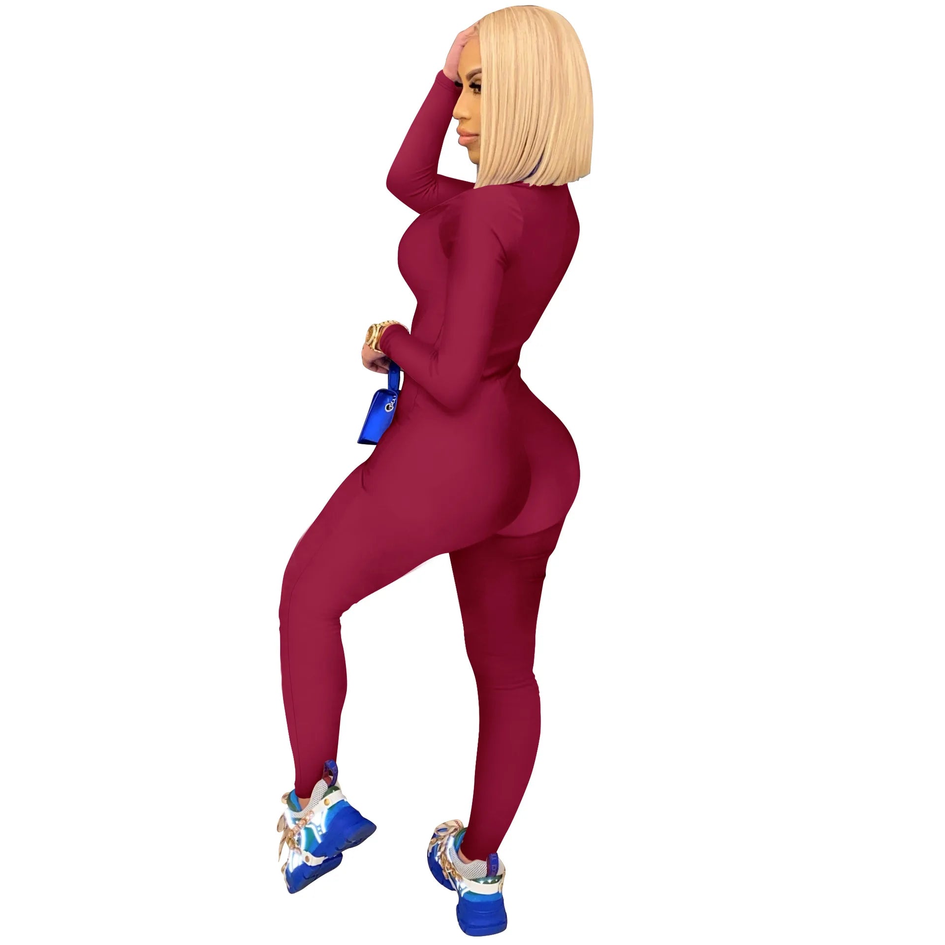 Women's Bodycon One-Piece Jumpsuit with Long Sleeves and Large Front Zipper Casual Sporty Skinny Workout Overalls Top