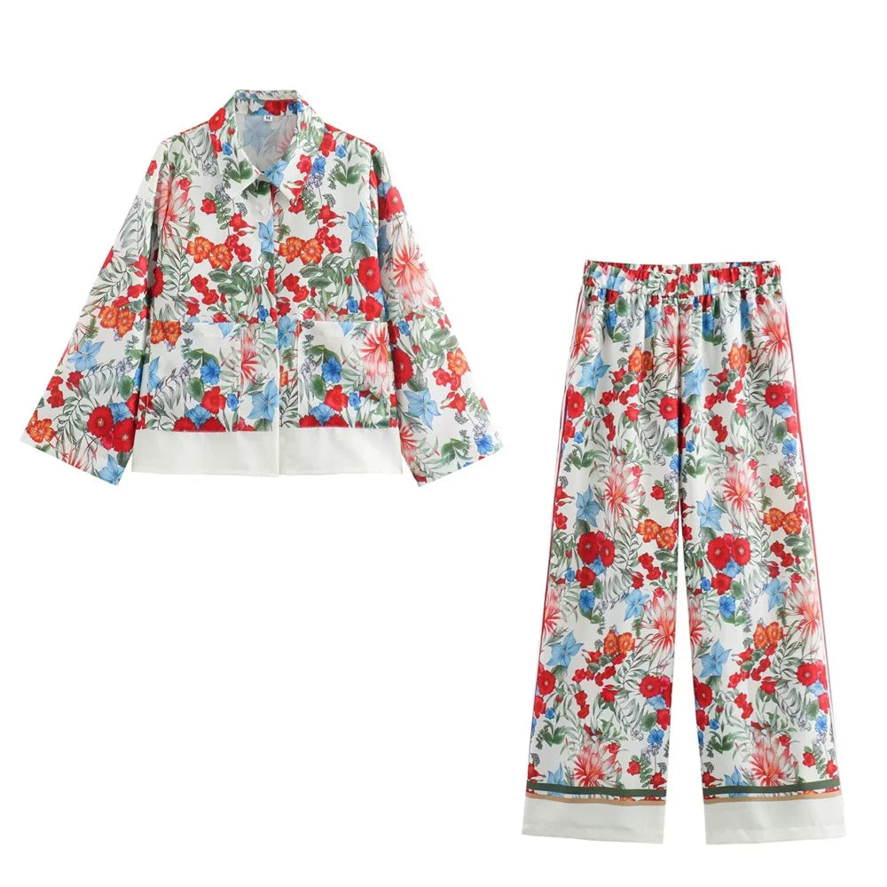 Women's Casual Polo Collar Long Sleeve Linen Shirt and High Waist Pants Set