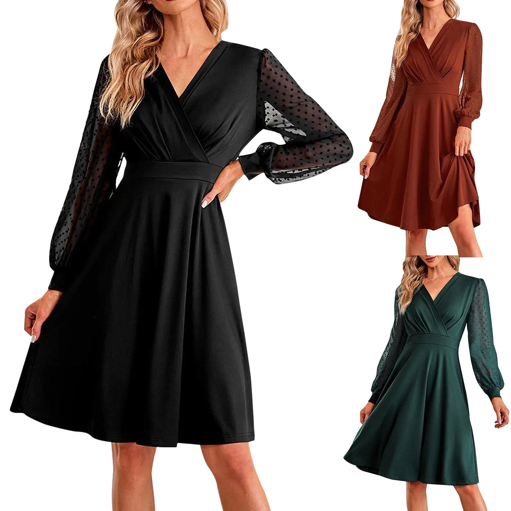 Women's Casual V Neck Long Sleeve Slim Dress Everyday Wear