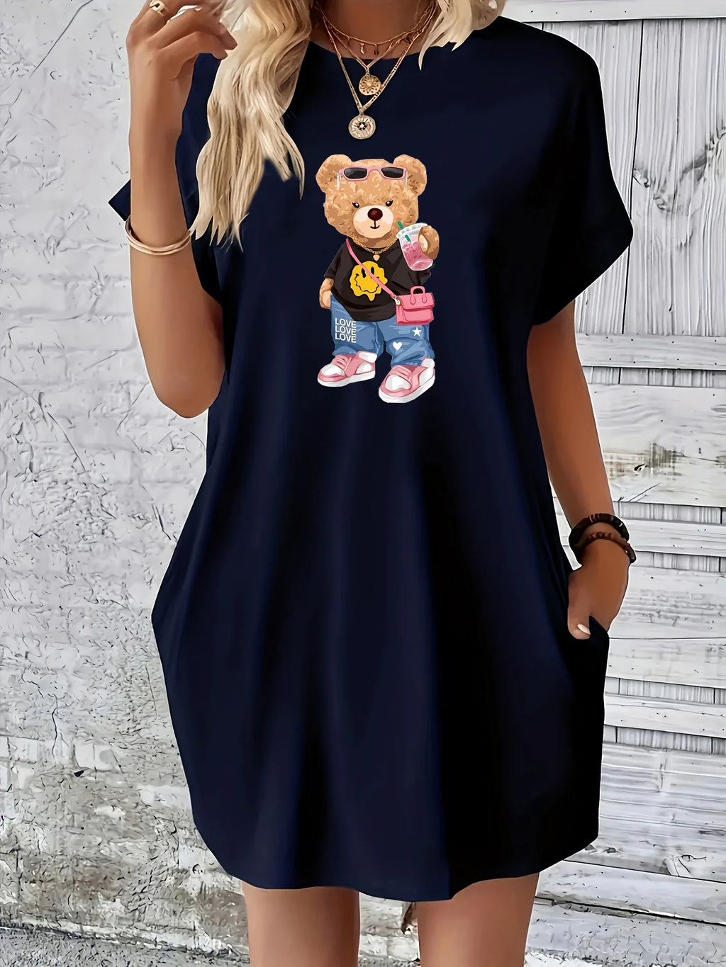 Plus Size Women's Summer Round Neck Bear Print Dress