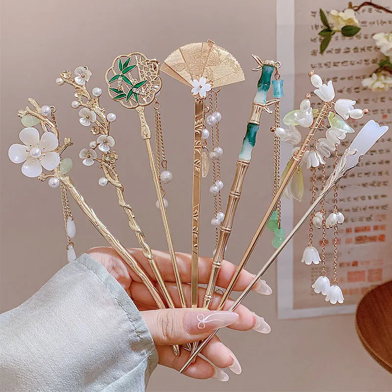 Elegant Enameled Flower Tassel Hair Clip Alloy Hairpin for Women Stylish Chinese Hair Accessory