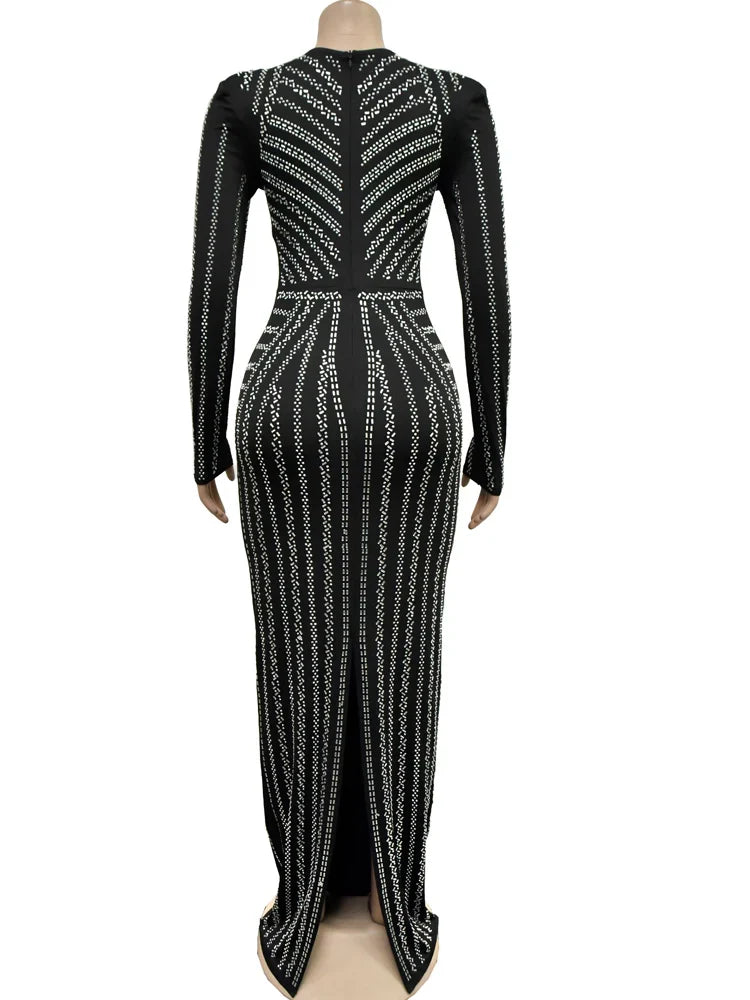 Red Rhinestone Evening Gown Long One Piece Dress Glam Party