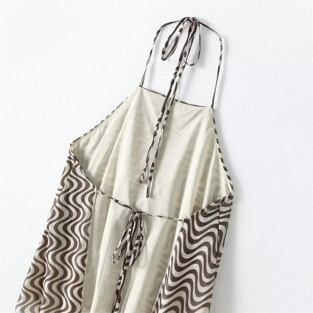 Women's Silk Screen Print Hanging Neck Open Back Top with High Waist Slimming Skirt Set Summer Fashion Two-Piece Outfit