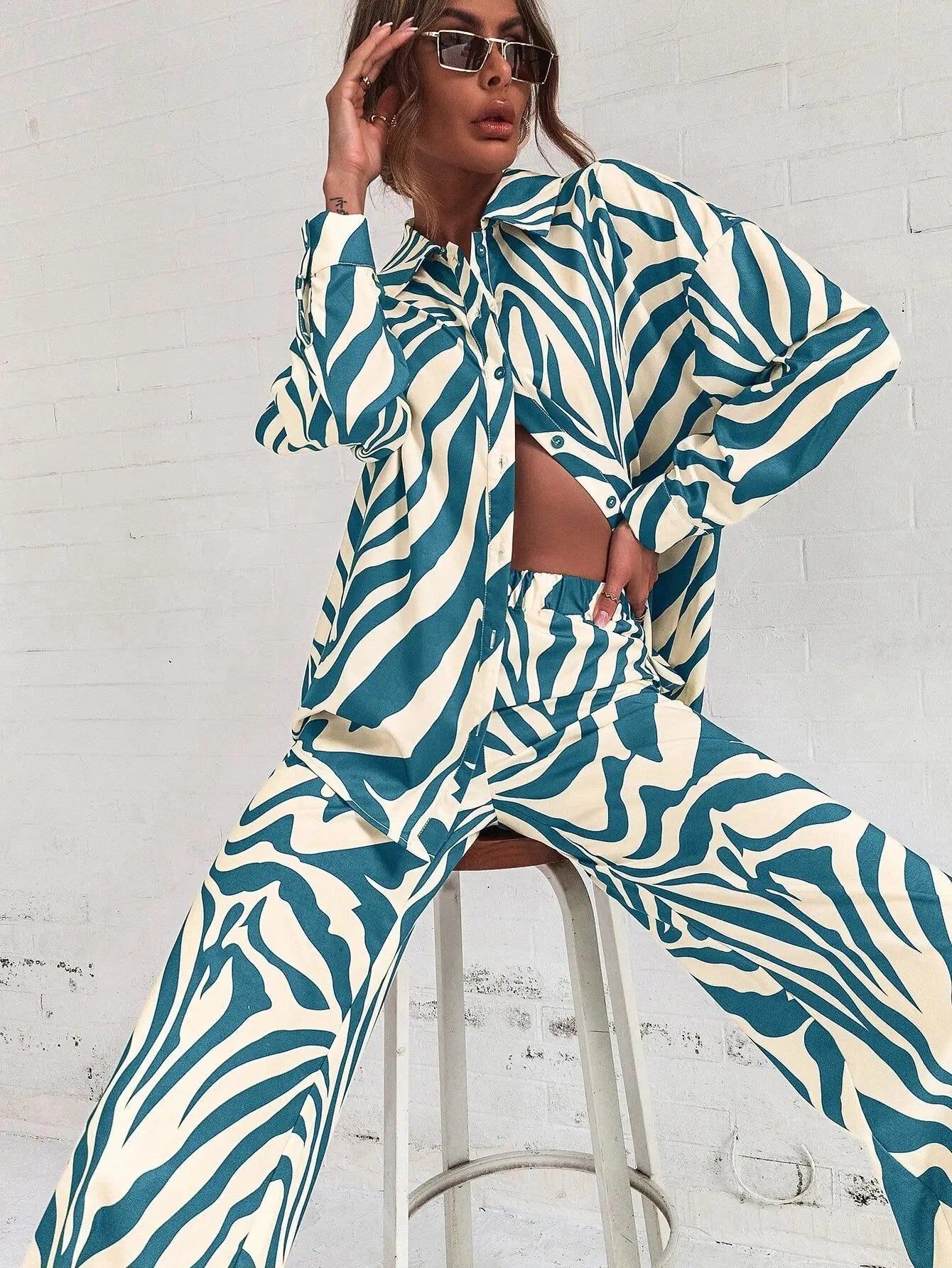 Trendy Print Off Shoulder Shirt and Trouser Set with Long Sleeve Design