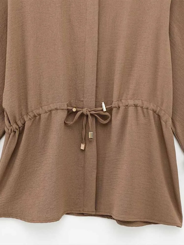 Safari Style Long Sleeve Drape Shirt and High Waist Pants Suit for Women