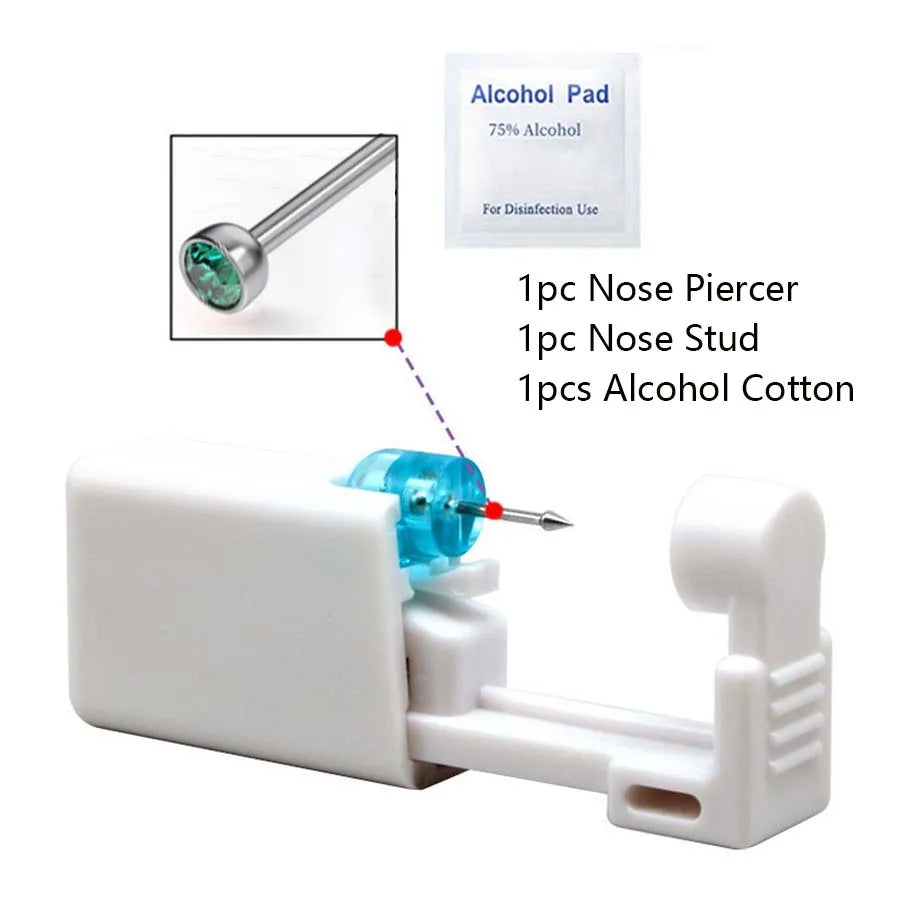 Disposable Nose Piercing Gun Kit with Built-In Crystal Nose Stud for Easy Piercing