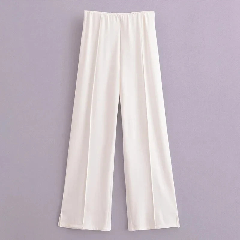 Women's Two Piece Crop Top and Wide Leg Trouser Set with Long Sleeve Round Neck Coat for Spring Streetwear