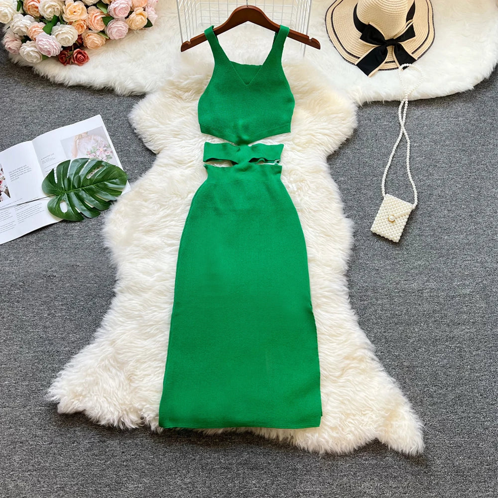 Sexy Hollow Out Waist Knitted Bodycon Summer Dress For Women