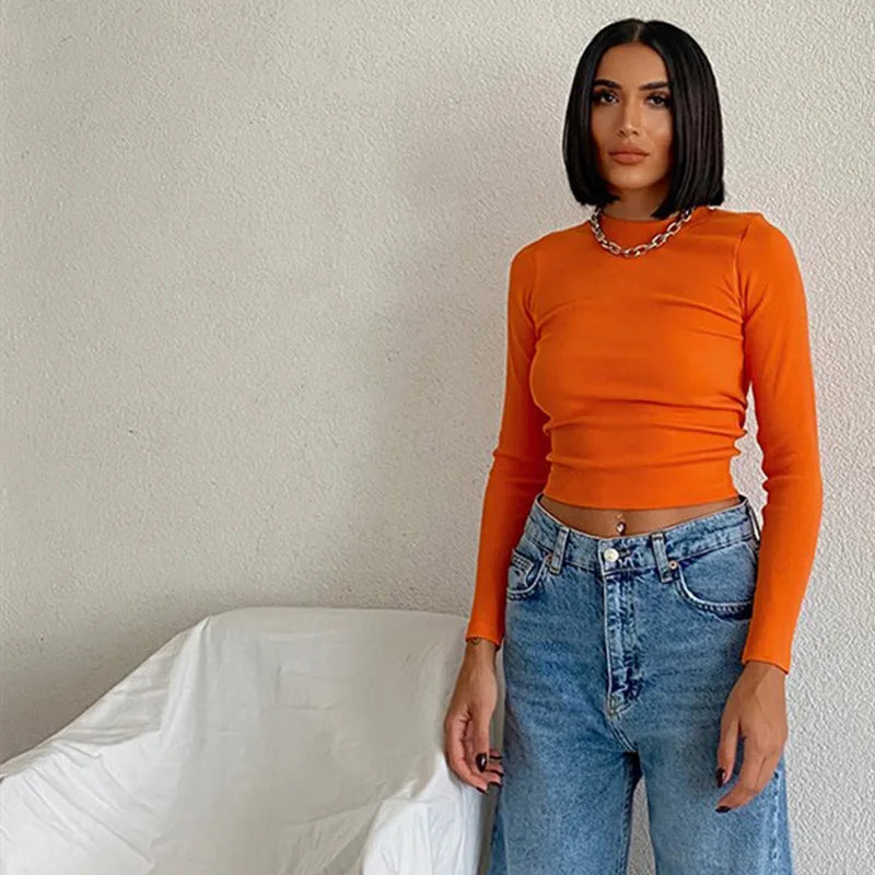 Ribbed Neck Green Cropped Long Sleeve T Shirt for Women - Slim Fit Mesh Top for Spring