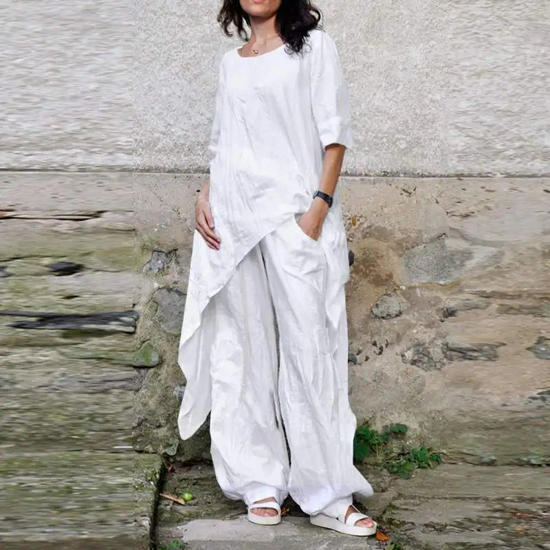Casual Loose Cotton Linen Top with Irregular Hem and Elegant Loose Leg Pants Two Piece Set