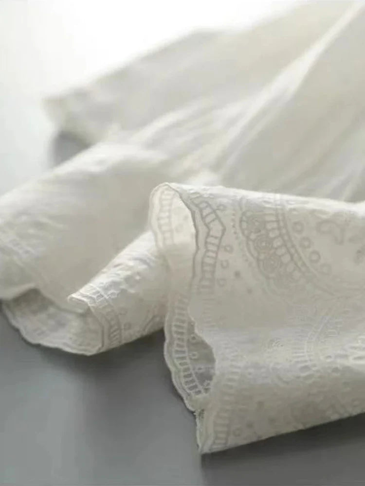 French Embroidery Flower Lace V Neck Linen Blouse Long Sleeve Loose Fit Elegant Sunscreen Shirt for Women Autumn Casual Top