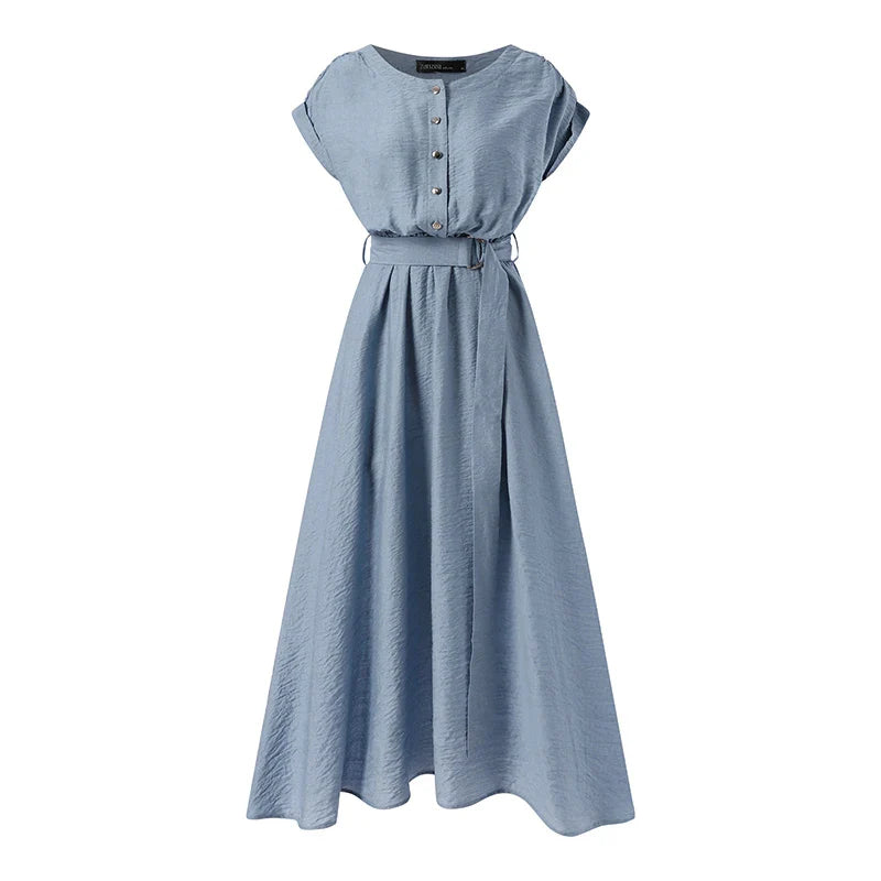 Women Belted Midi Sundress Short Sleeve Summer Dress