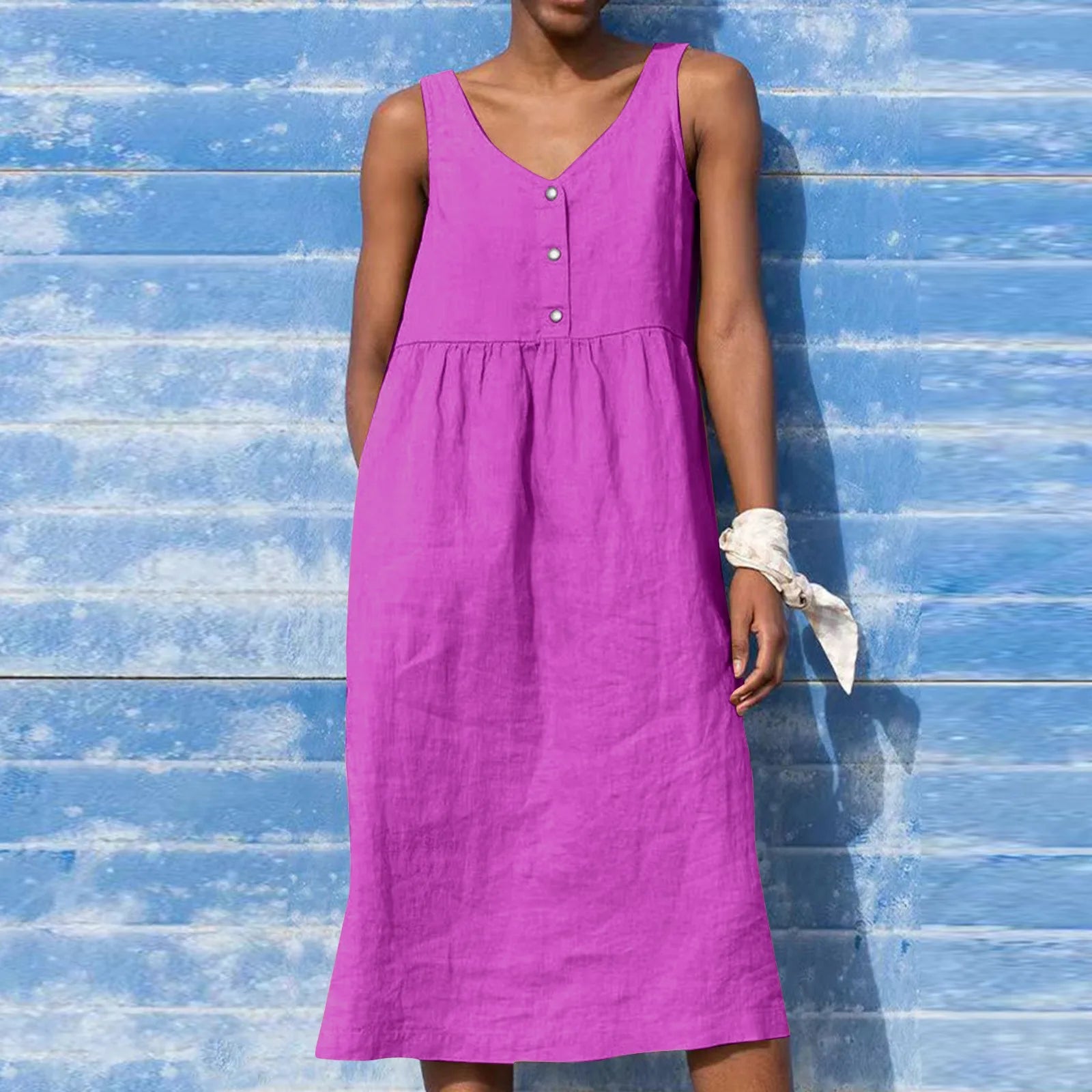 Boho Cotton Linen Sleeveless Dress For Women Summer Holiday