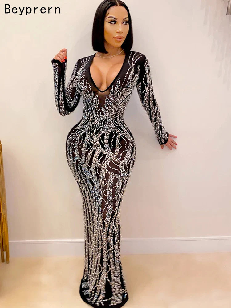 Crystal Rhinestone Gown Maxi Dress With Deep V Neckline