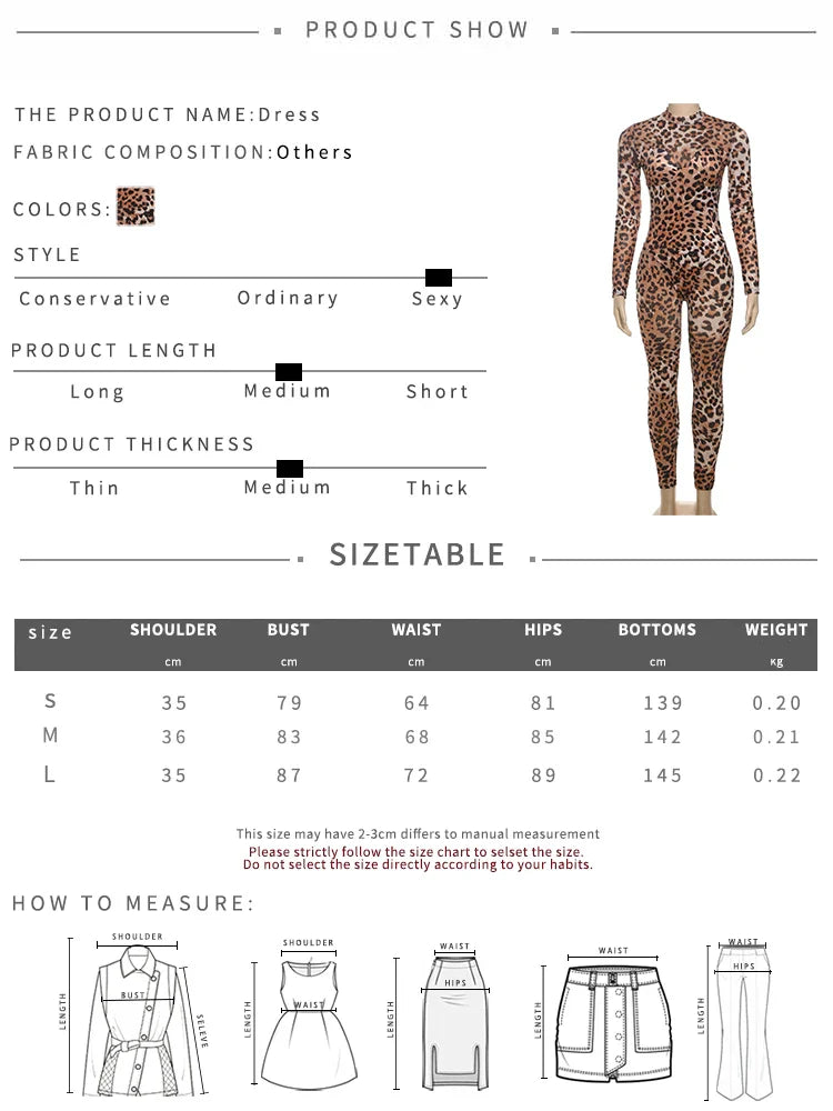 Sexy Leopard Print Mesh Jumpsuit for Women Full Sleeve Skinny Fit Round Neck One Piece Overalls