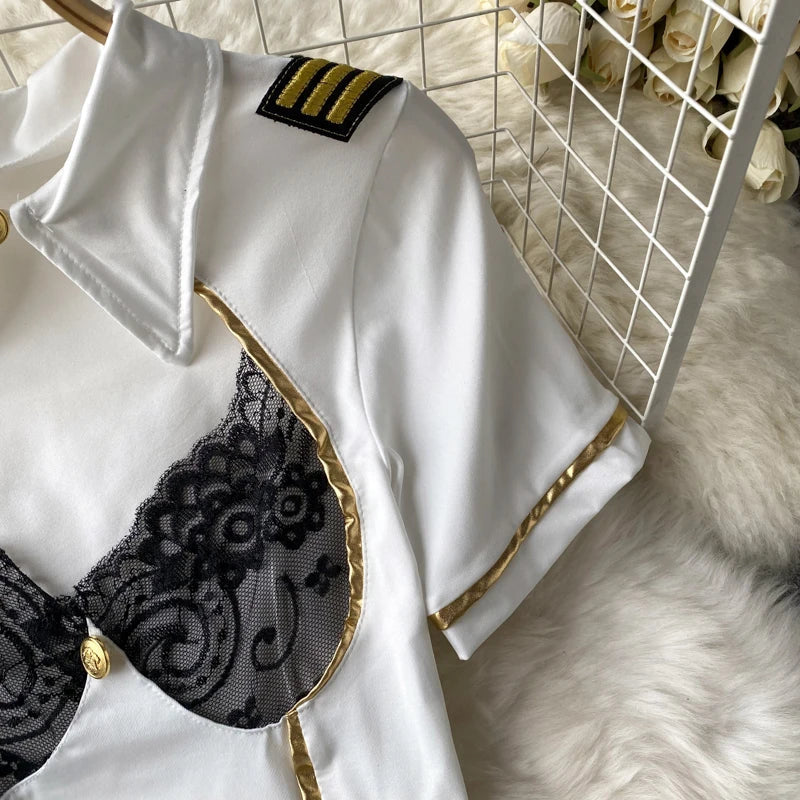 Women Sexy Lace Patchwork Hollow Skirt Suit Set with Turn-Down Collar Top Mini Skirt and Underpants 3-Piece Erotic Pajamas for Cosplay