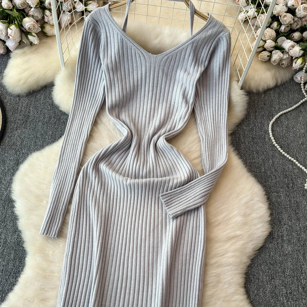 White Long Sleeve V Neck Lace Up Elegant Dress For Women