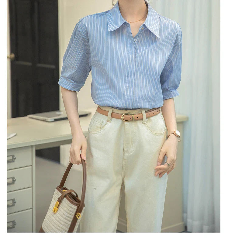 Women Casual Blue Stripe Short Sleeve Polo Collar Shirt Elegant Loose Office Blouse Single Breasted Summer Chic Top