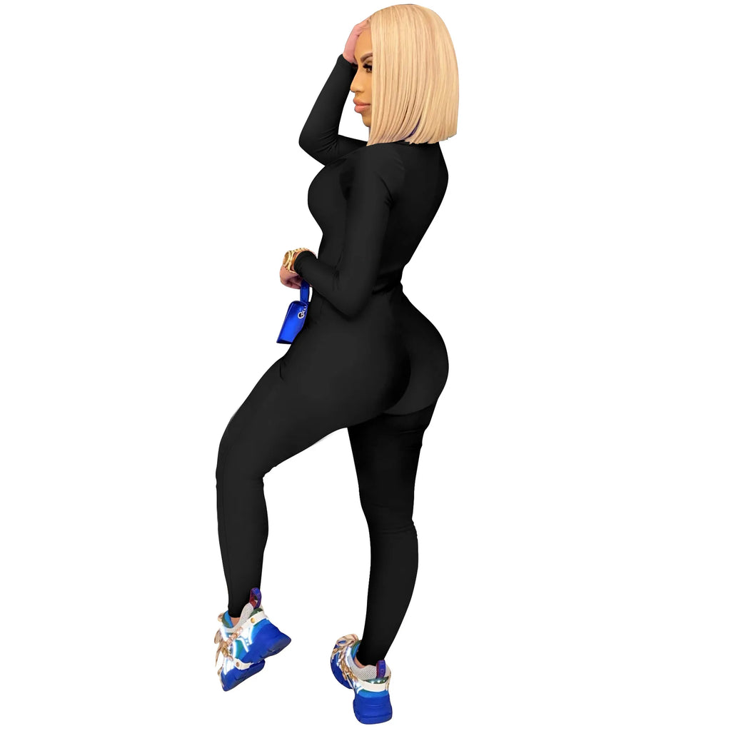 Women's Bodycon One-Piece Jumpsuit with Long Sleeves and Large Front Zipper Casual Sporty Skinny Workout Overalls Top