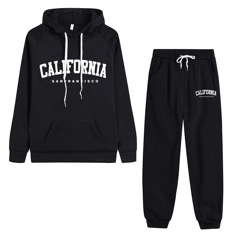 Womens California Letter Printing Hooded Tracksuit Set High Quality Casual Jogging Sweatshirt and Pants