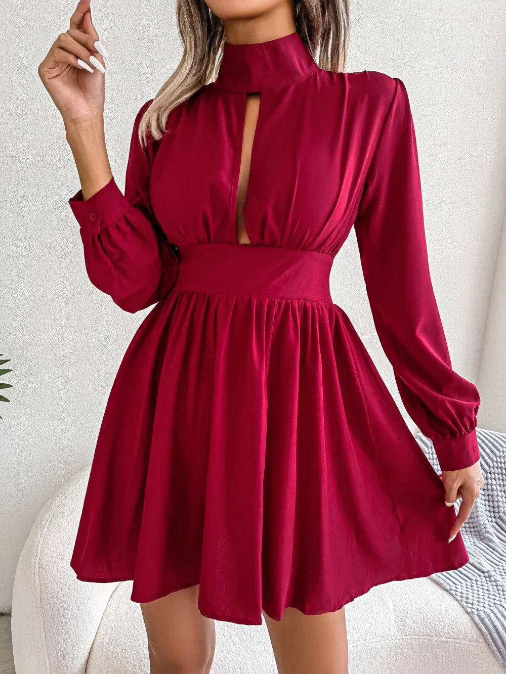 A Line Dress For Women Hollow Out Long Sleeve Elegant
