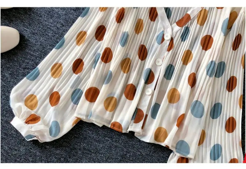 Polka Dot Casual V-Neck Chiffon Blouse with Single Breasted Button and Lantern Sleeve Folds Lightweight Women's Top