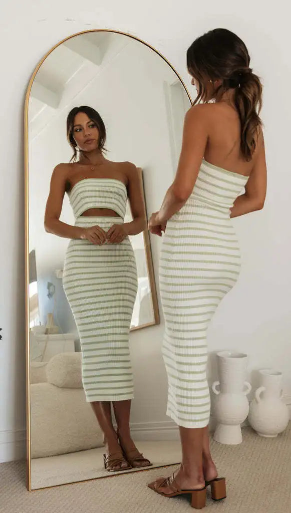 Strapless Backless Tube Dress Patchwork Striped Long Dress
