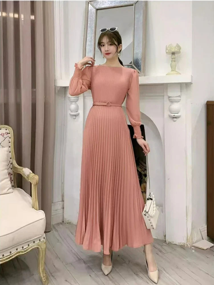 Elegant Long Sleeve Pleated Belted Dress for Women Spring