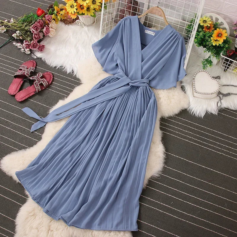 Chiffon Pleated Lace Up V Neck Dress For Women Summer