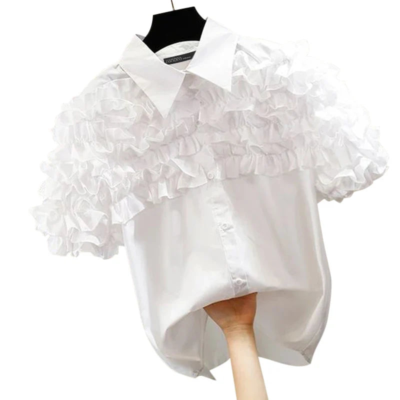 Women's Ruffle Trim Short Sleeve Blouse with Turn-Down Collar Casual Button-Up Solid Color Shirt