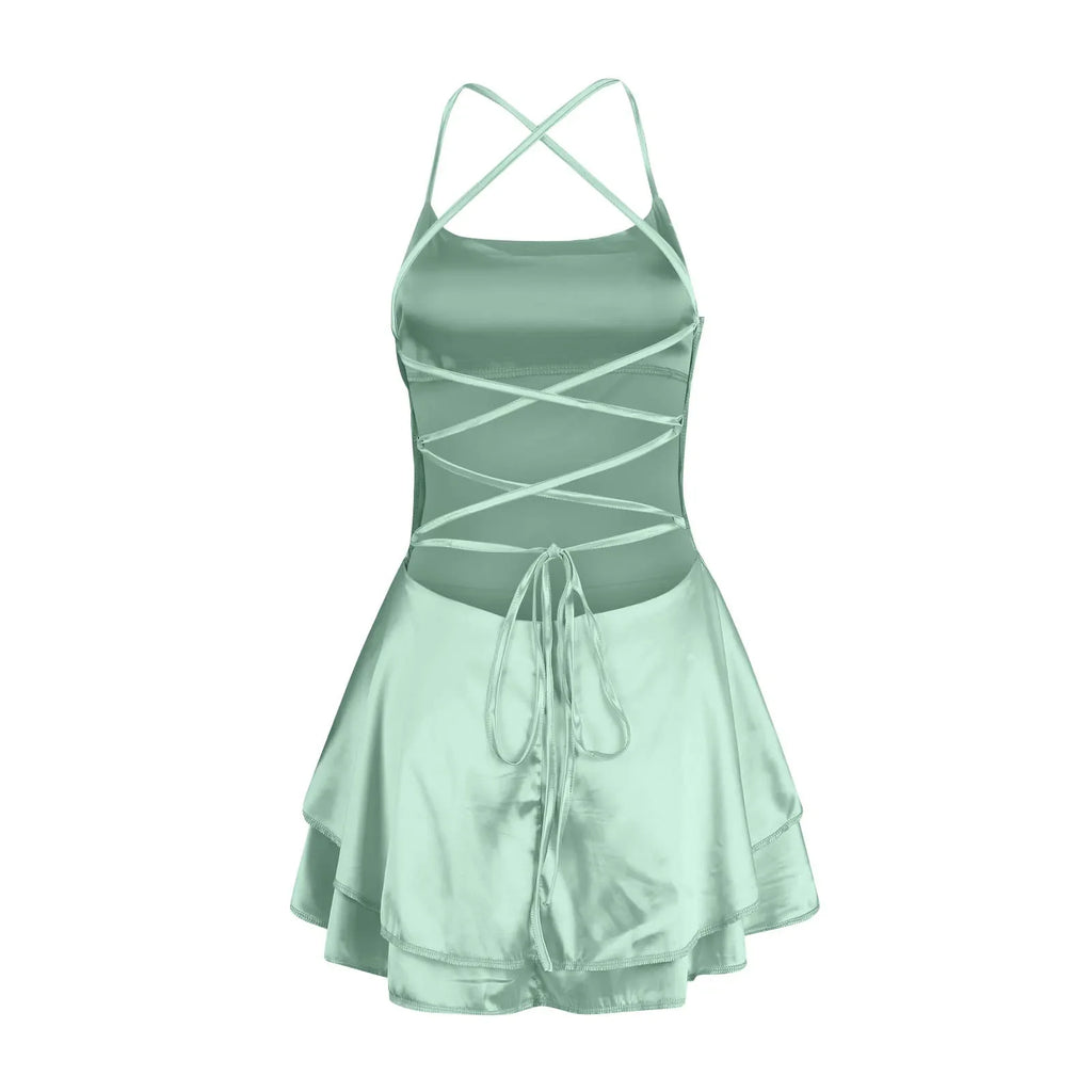 Backless Satin Party Dress With Cowl Neck Spaghetti Straps