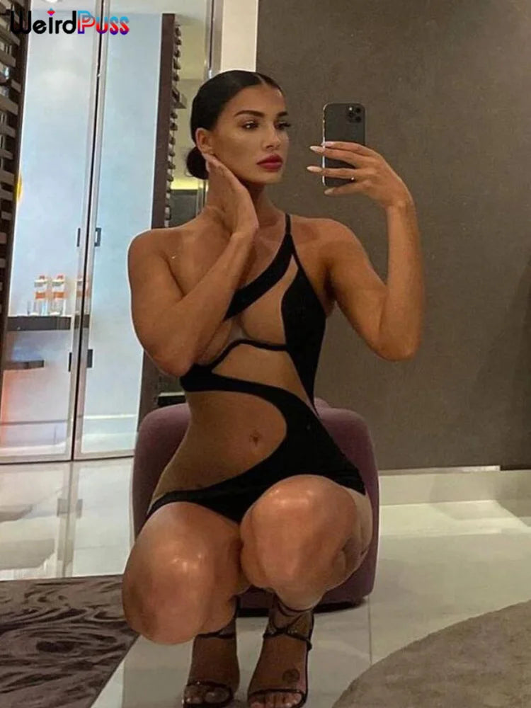 Mesh Patchwork Sexy Dress One Shoulder Sleeveless Bodycon