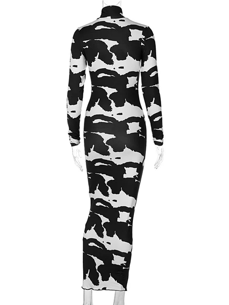 Cow Print Maxi Dress Long Sleeve Turtleneck Bodycon Party