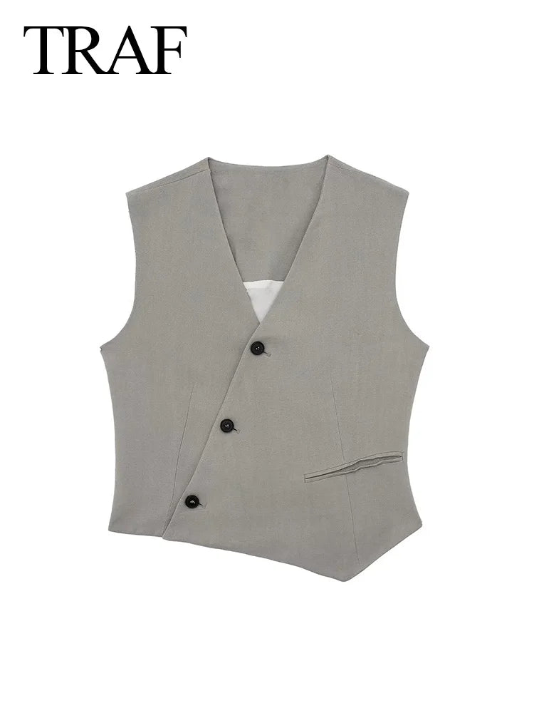 Women's Solid Grey Two Piece Set with Sleeveless Asymmetrical Vest and High Waist Wide Leg Trousers Casual Outfit