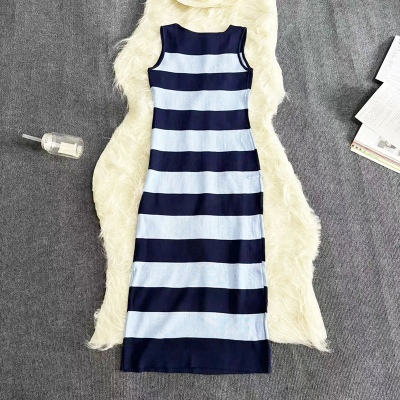 Striped Knitted Maxi Dress Square Neck Sleeveless Bodycon