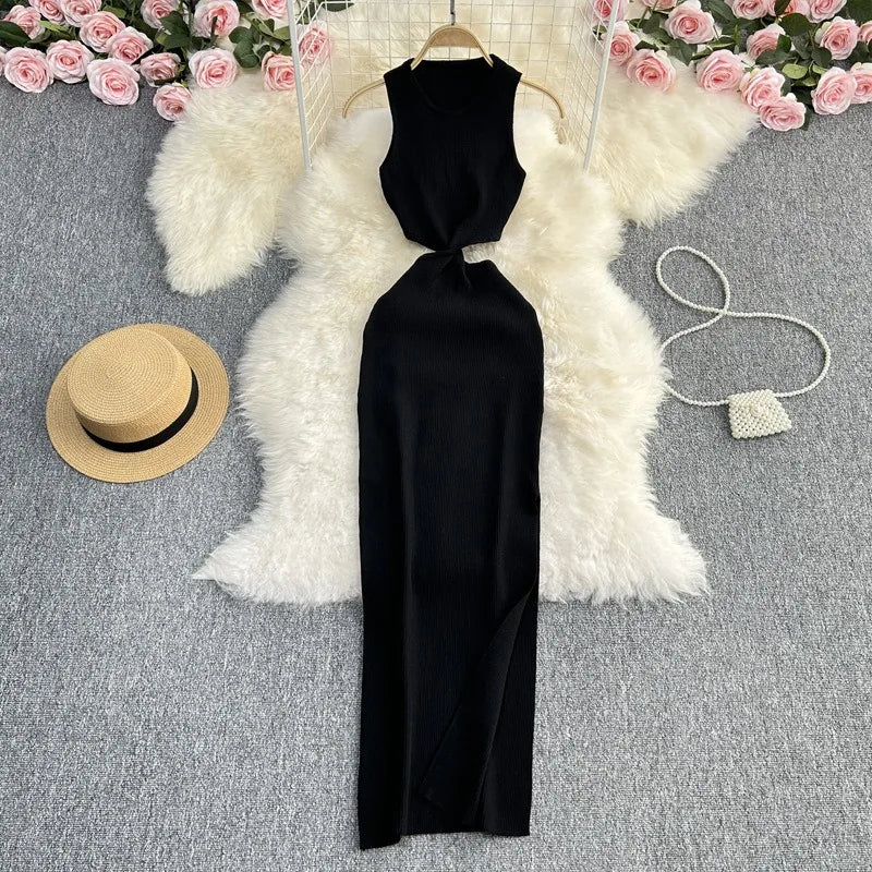 Knot Hollow Out Waist Knitted Bodycon Maxi Dress For Women
