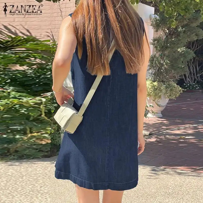 Denim Midi Dress for Women Sleeveless O Neck Blue Casual