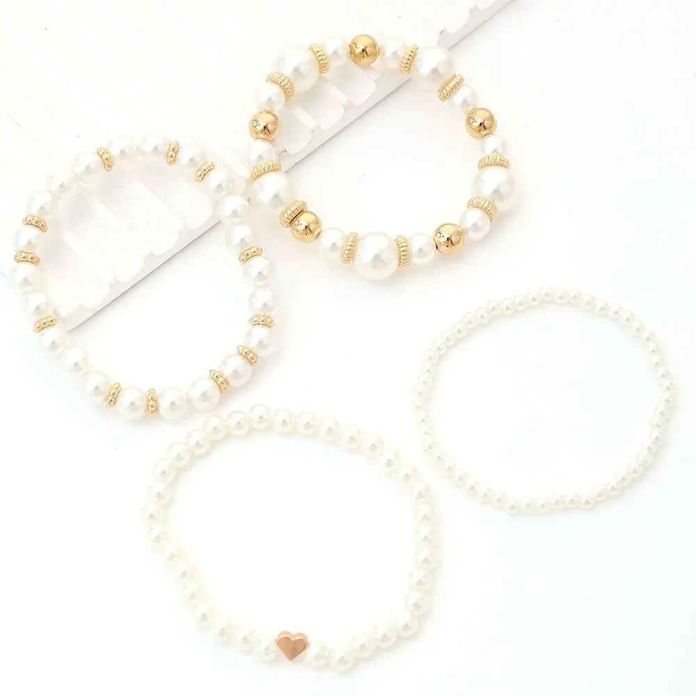 4pcs Set Elegant Handmade White Faux Pearl Beaded Heart Bracelets for Fashion Accessories and Gifts