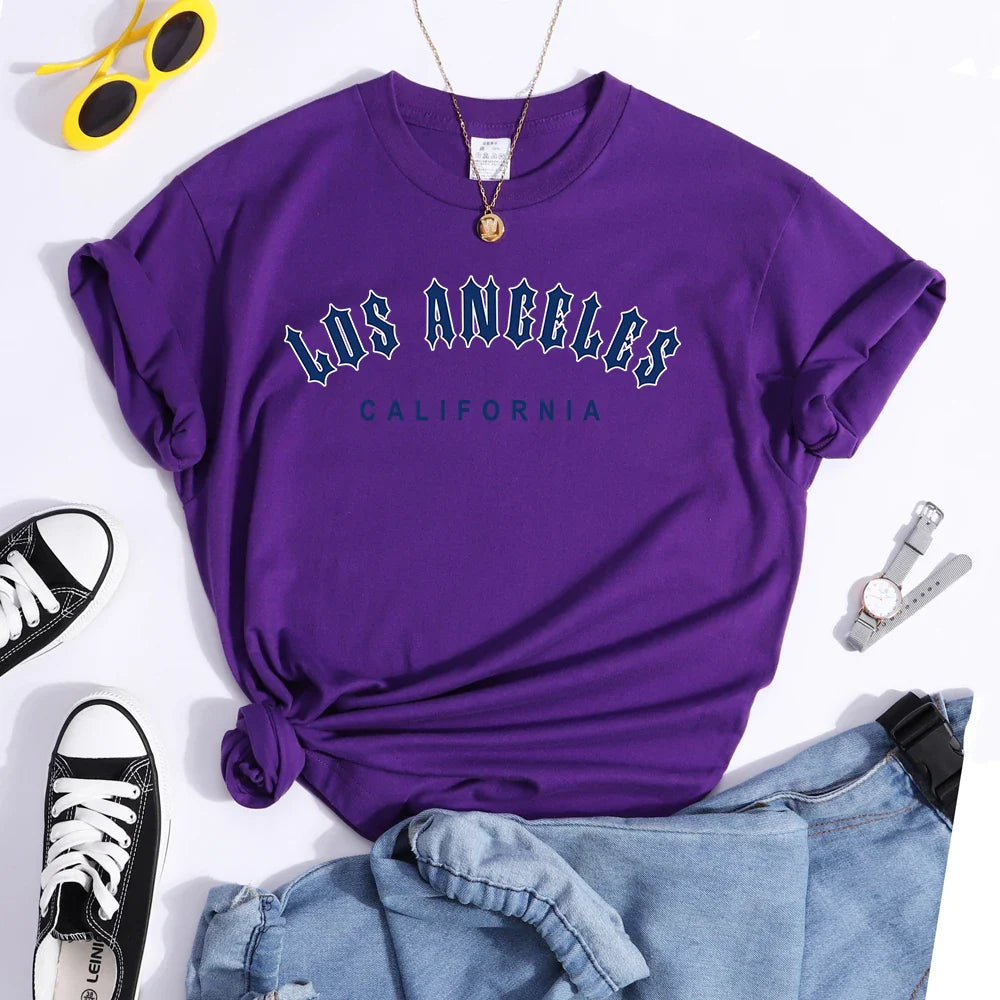 Los Angeles Letter Print Women's Casual T-Shirt Short Sleeve Crewneck Summer Style