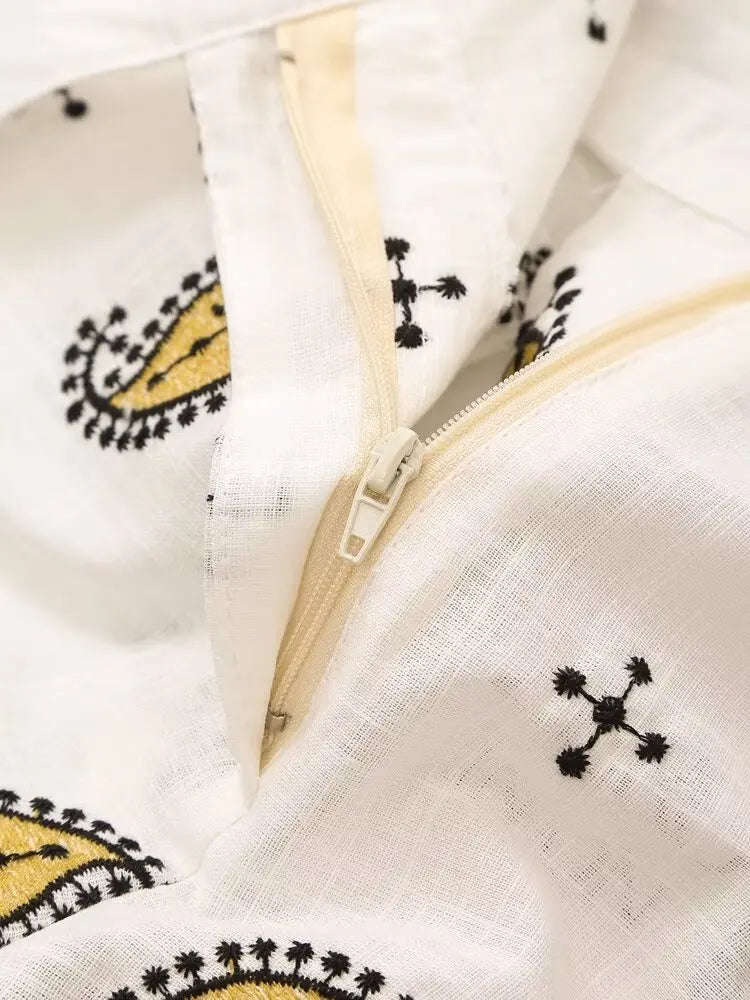 Vintage Women Embroidered Cardigan Coat and Wide Leg Trousers 2 Piece Outfit Set